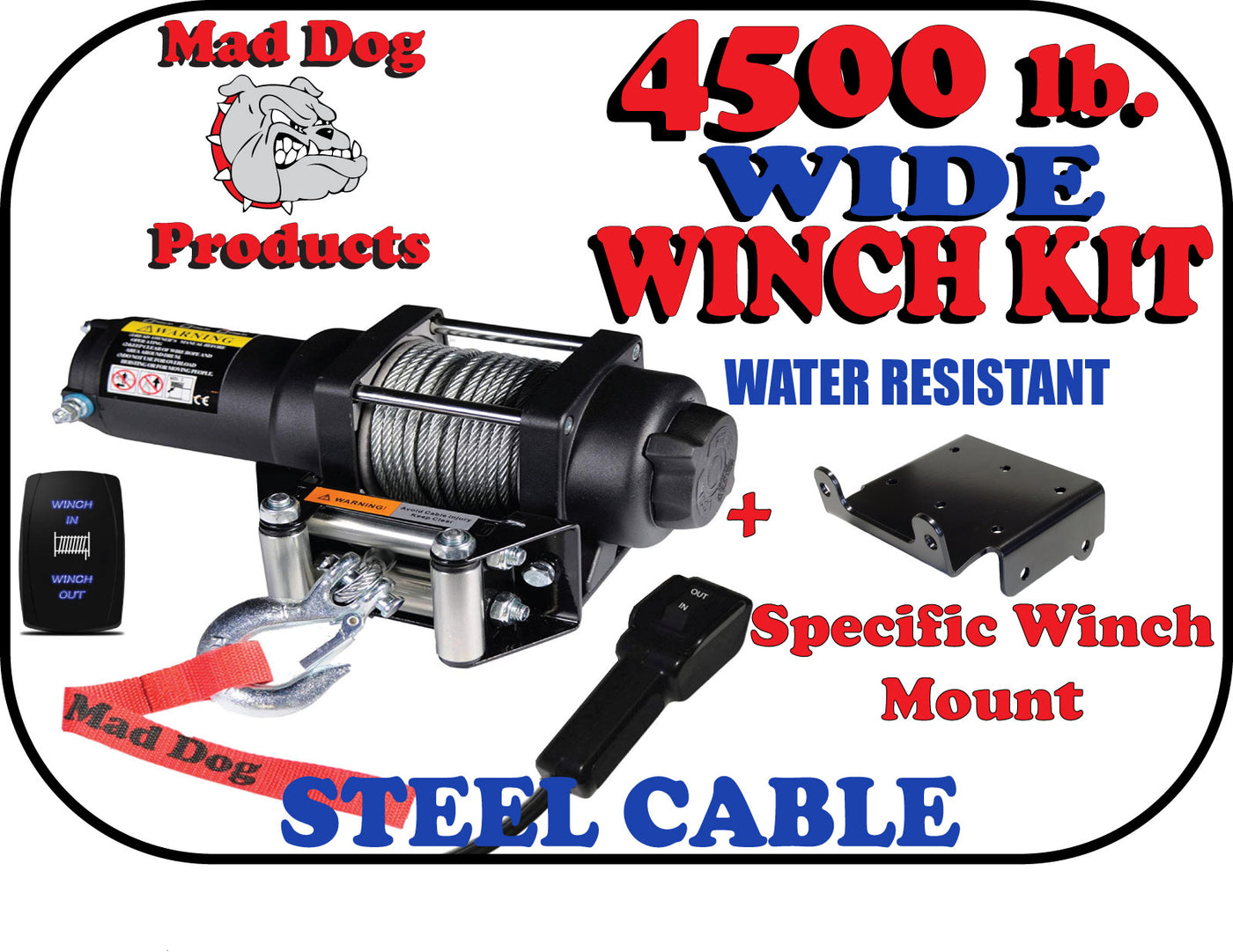 Mad Dog 4500 lb. WIDE Steel Cable ATV/UTV Winch w/ Winch Mount Plate